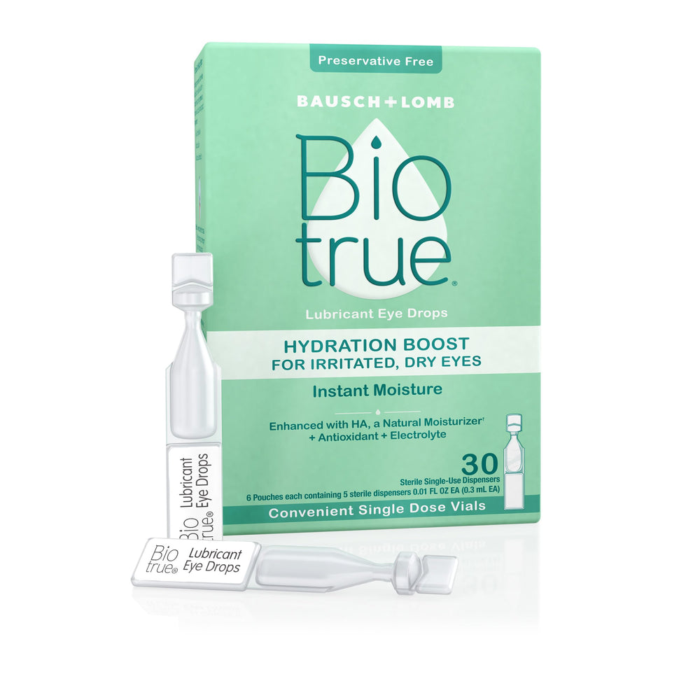 Biotrue empaque frontal mostrando 30 viales, conveniencia y portabilidad
