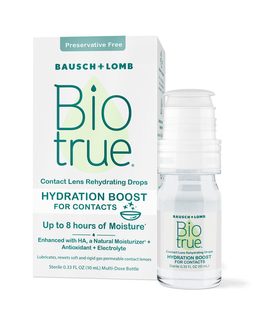 Biotrue frontal del envase mostrando diseño y tamaño, confort instantáneo