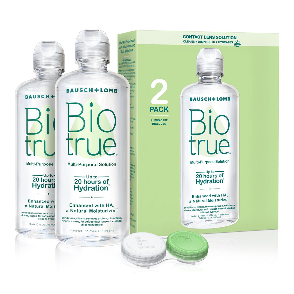 Biotrue frente del paquete con dos botellas mostrando conveniencia