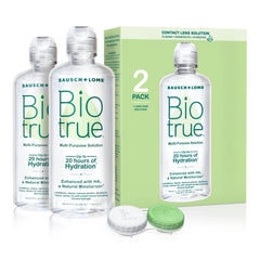 Biotrue frente del paquete con dos botellas mostrando conveniencia