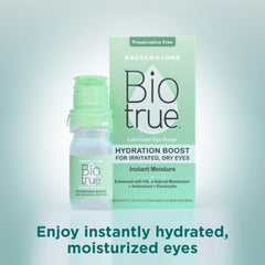 Biotrue comparación del frasco en mano mostrando tamaño portátil