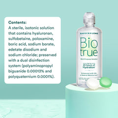Biotrue botella en mano para comparar tamaño y transporte cómodo