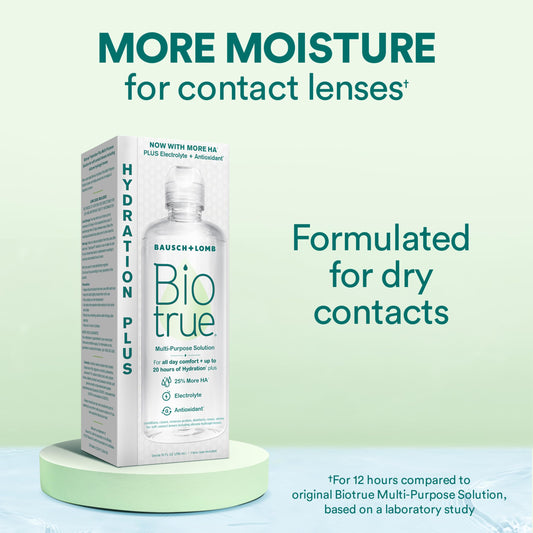 Detalle de solución Biotrue mostrando textura clara y efecto humectante