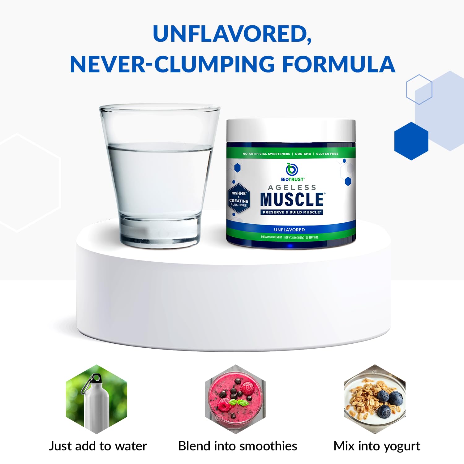 Comparación de tamaño del envase BioTrust Ageless Muscle para escala