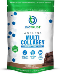 BioTrust envase frontal de Multi Collagen Chocolate mostrando presentación y beneficio conveniencia