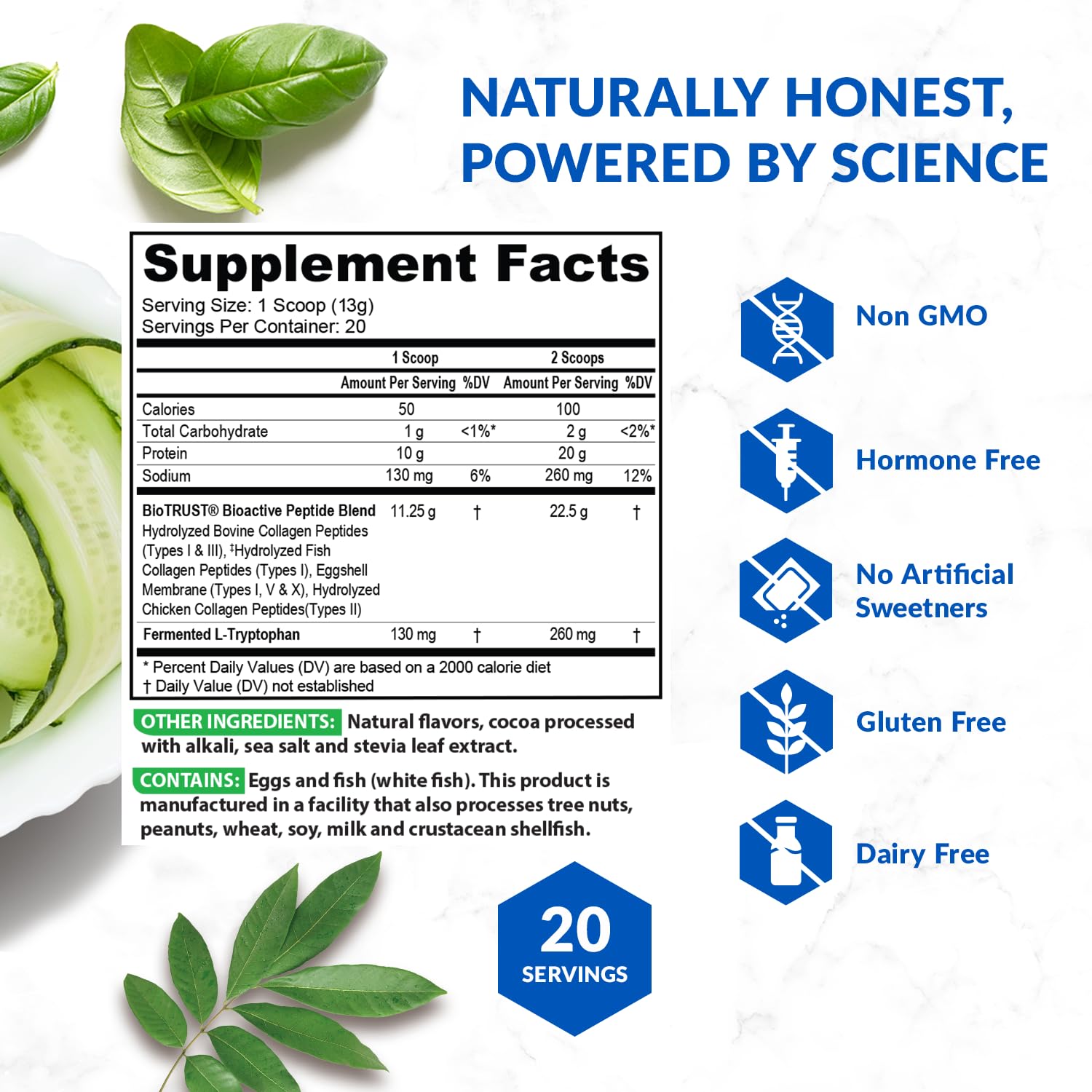 Detalle de etiqueta BioTrust Multi Collagen con información nutricional y garantía de pruebas