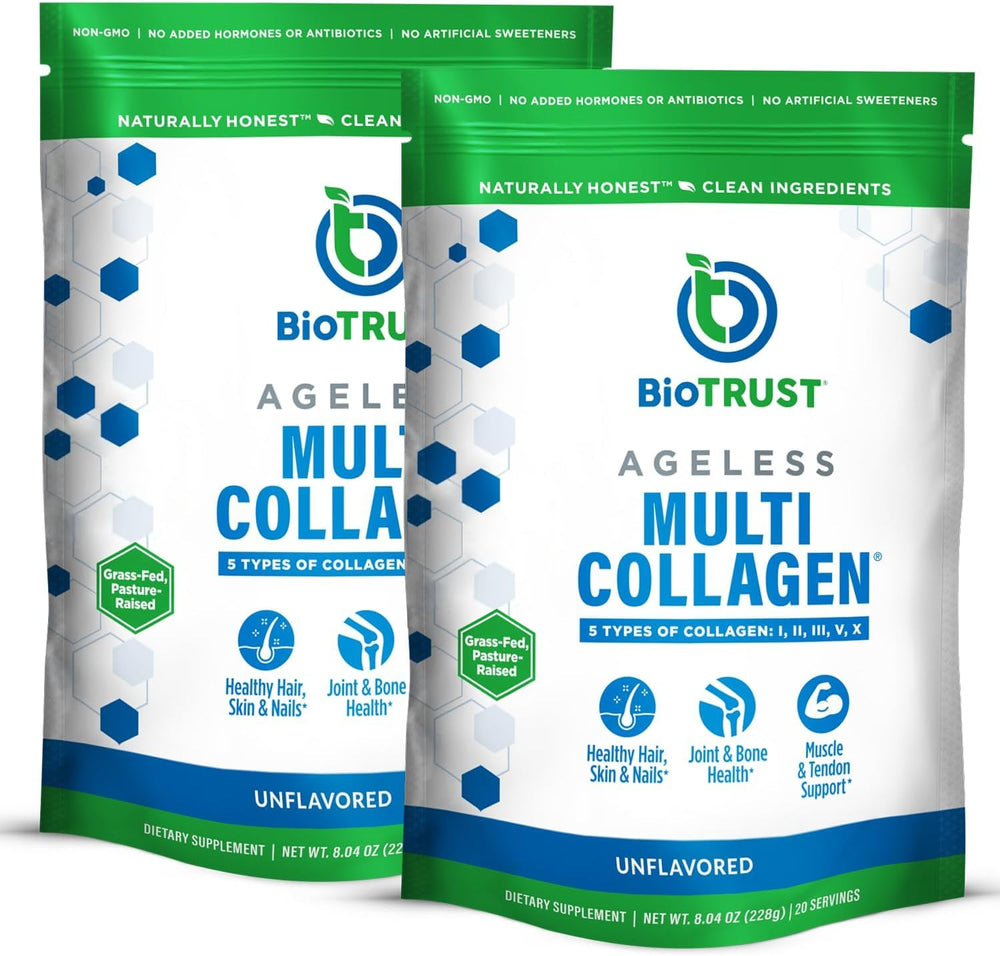 Envase frontal BioTrust Multi Collagen Peptides Unflavored mostrando pack doble y etiqueta clara