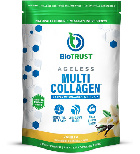 BioTrust bote frontal de Multi Collagen Vainilla mostrando envase y beneficio de uso diario