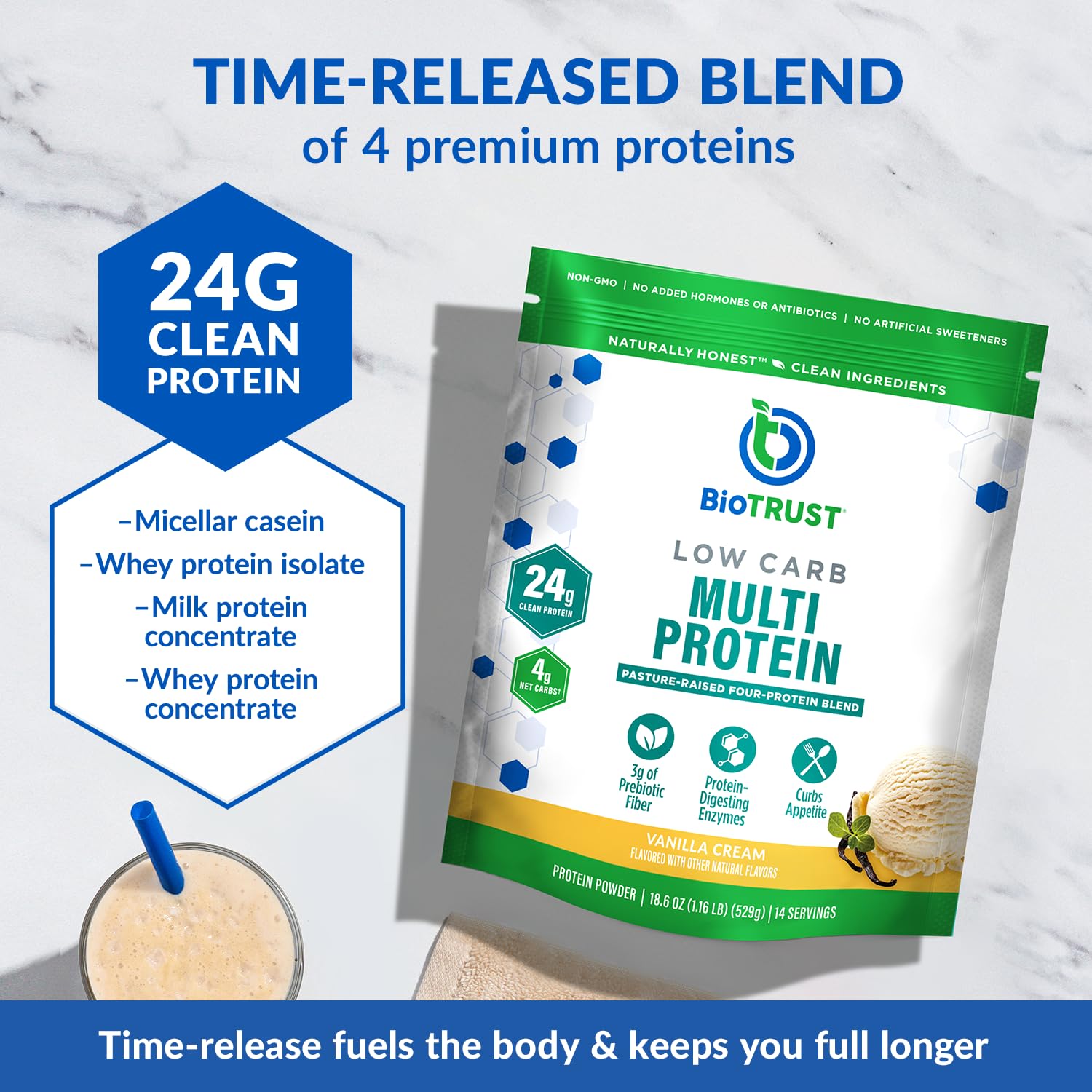 BioTrust cuchara con polvo, vista cercana para medir 24g proteína