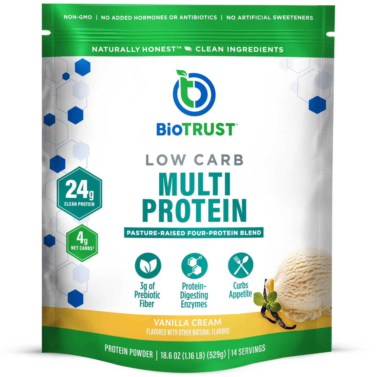 BioTrust envase frontal vainilla, muestra claro aporte proteico