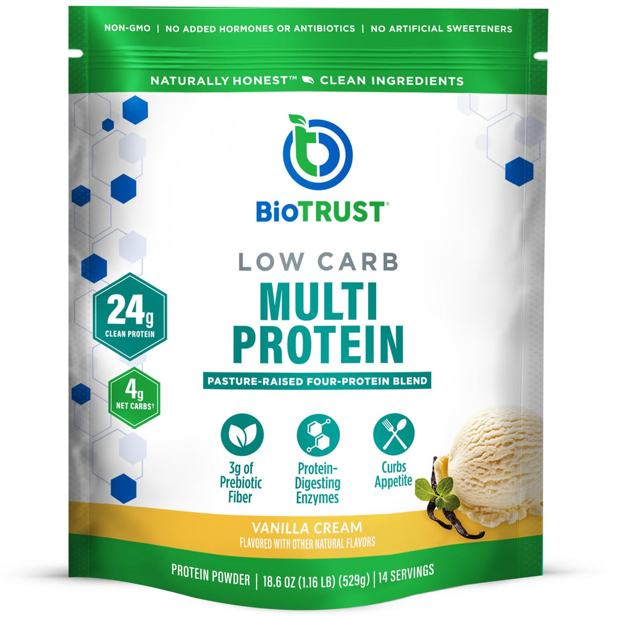BioTrust envase frontal vainilla, muestra claro aporte proteico