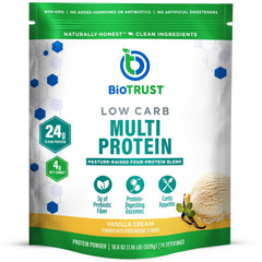 BioTrust envase frontal vainilla, muestra claro aporte proteico