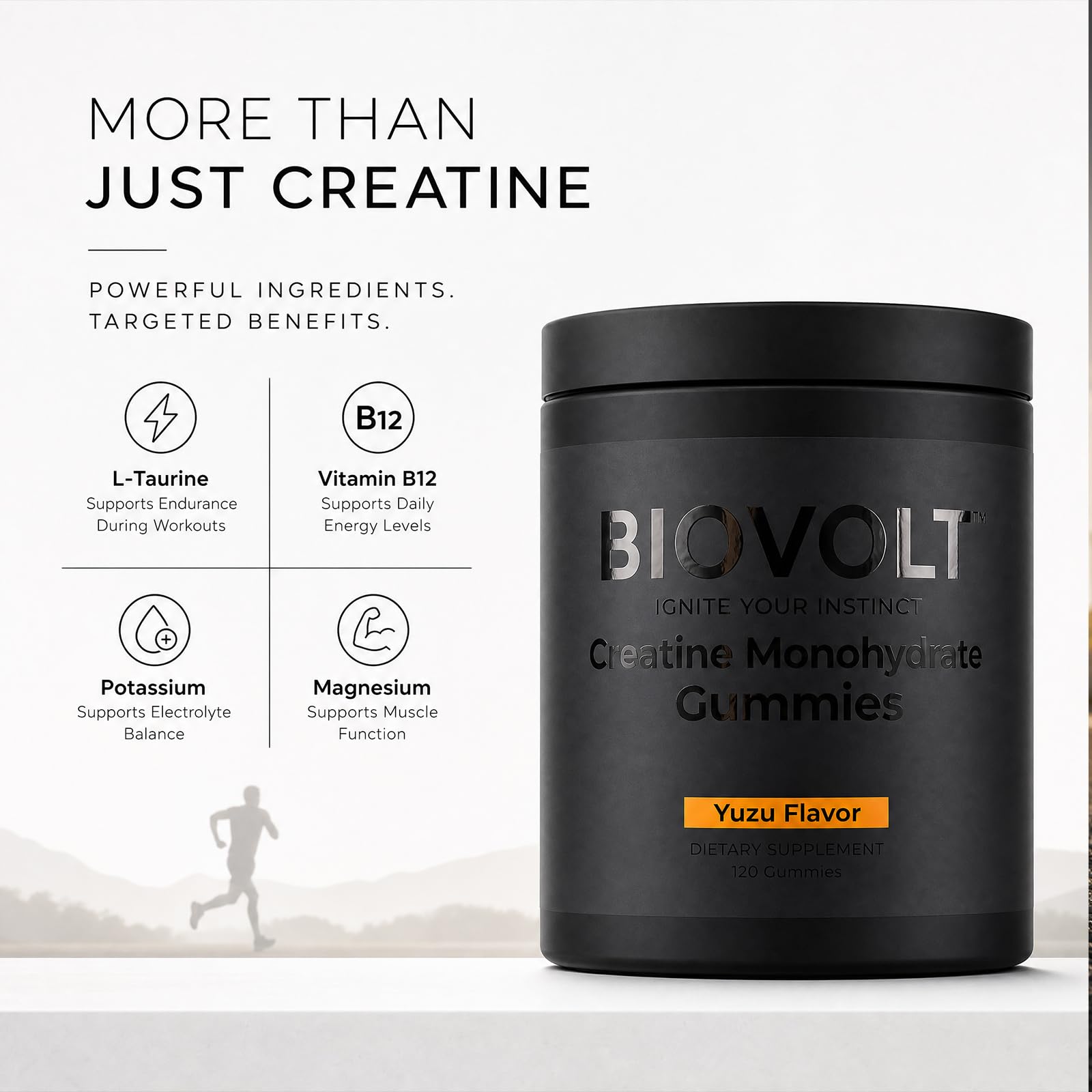 Etiqueta BIOVOLT con información de dosificación 4 gomitas = 5000 mg creatina