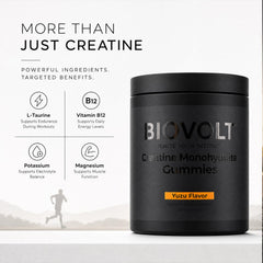 Etiqueta BIOVOLT con información de dosificación 4 gomitas = 5000 mg creatina