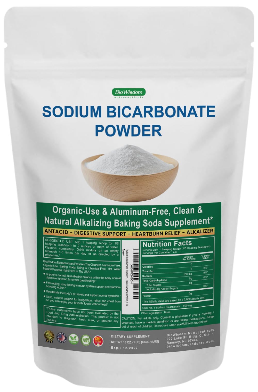 BioWisdom frente del empaque mostrando 1 lb y cierre resellable