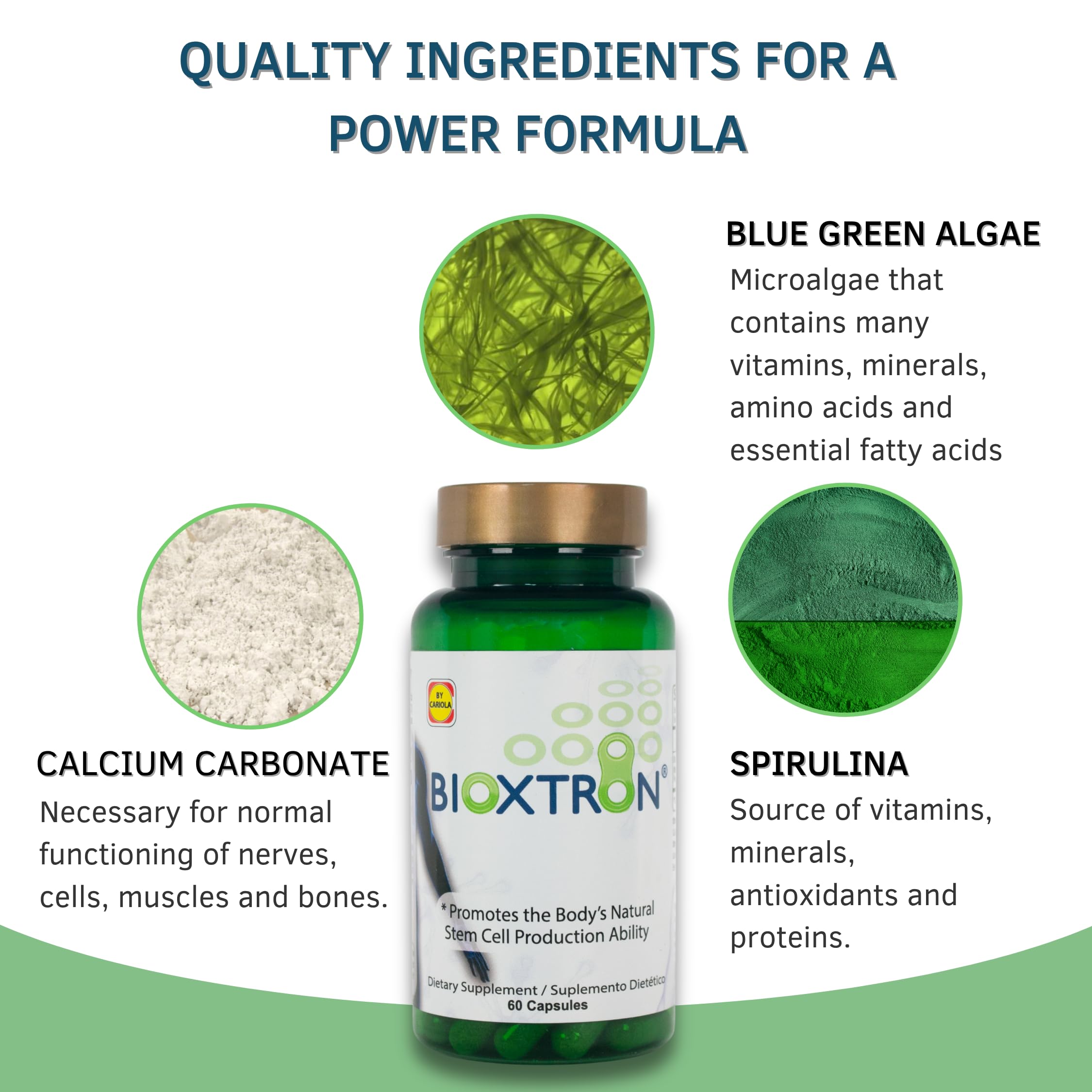 Bioxtron ingredientes espirulina y alga azul-verde ilustrando origen