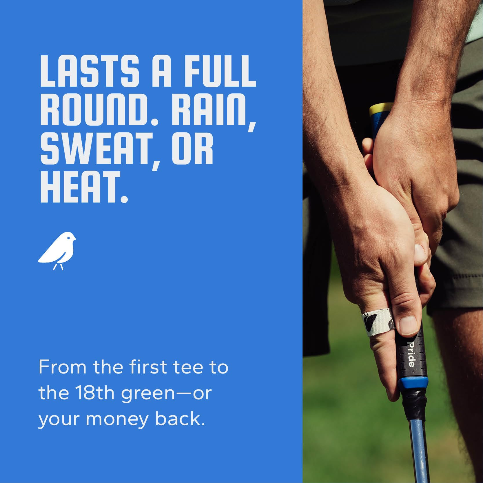 BirdieWrap aplicada en dedo de golfista ofrece protección y tacto