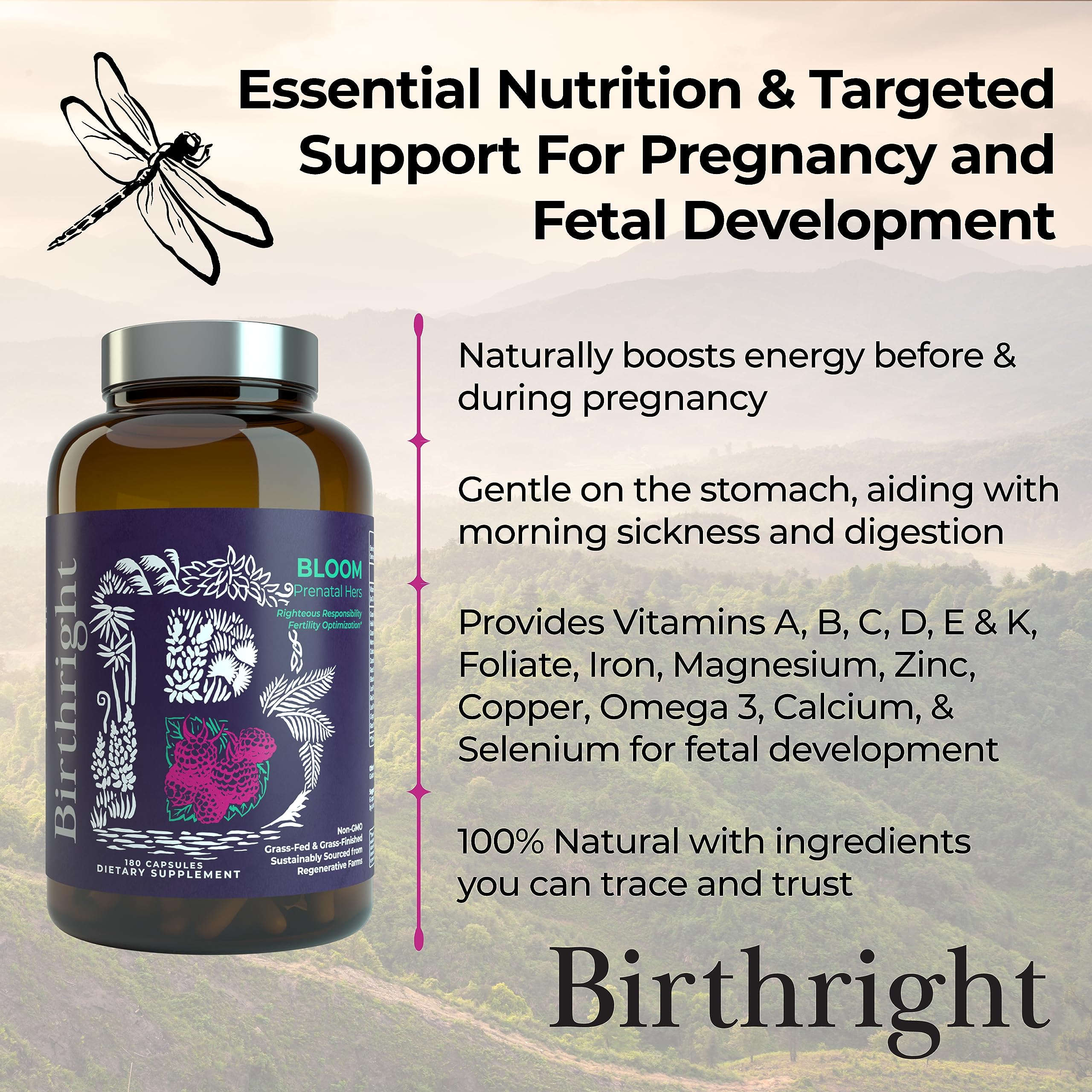 Birthright Bloom etiqueta nutricional cerca que muestra ingredientes y pruebas de calidad