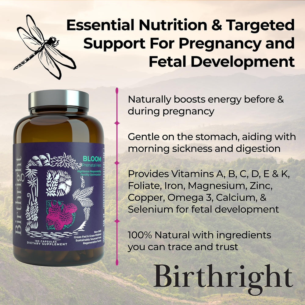 Birthright Bloom etiqueta nutricional cerca que muestra ingredientes y pruebas de calidad