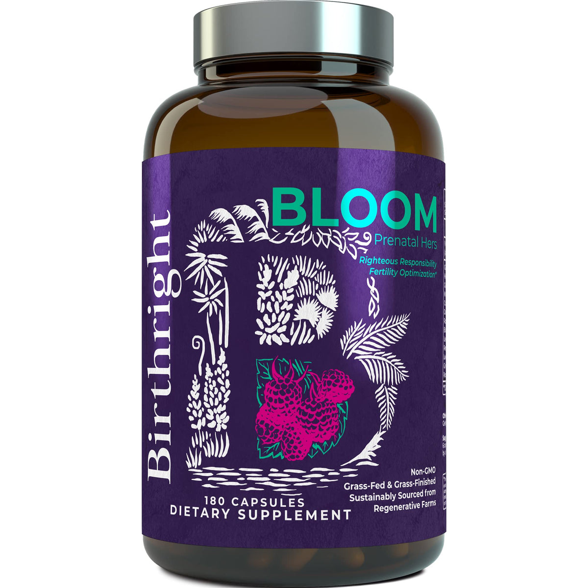Birthright Bloom frasco frontal en vidrio que transmite pureza y sostenibilidad
