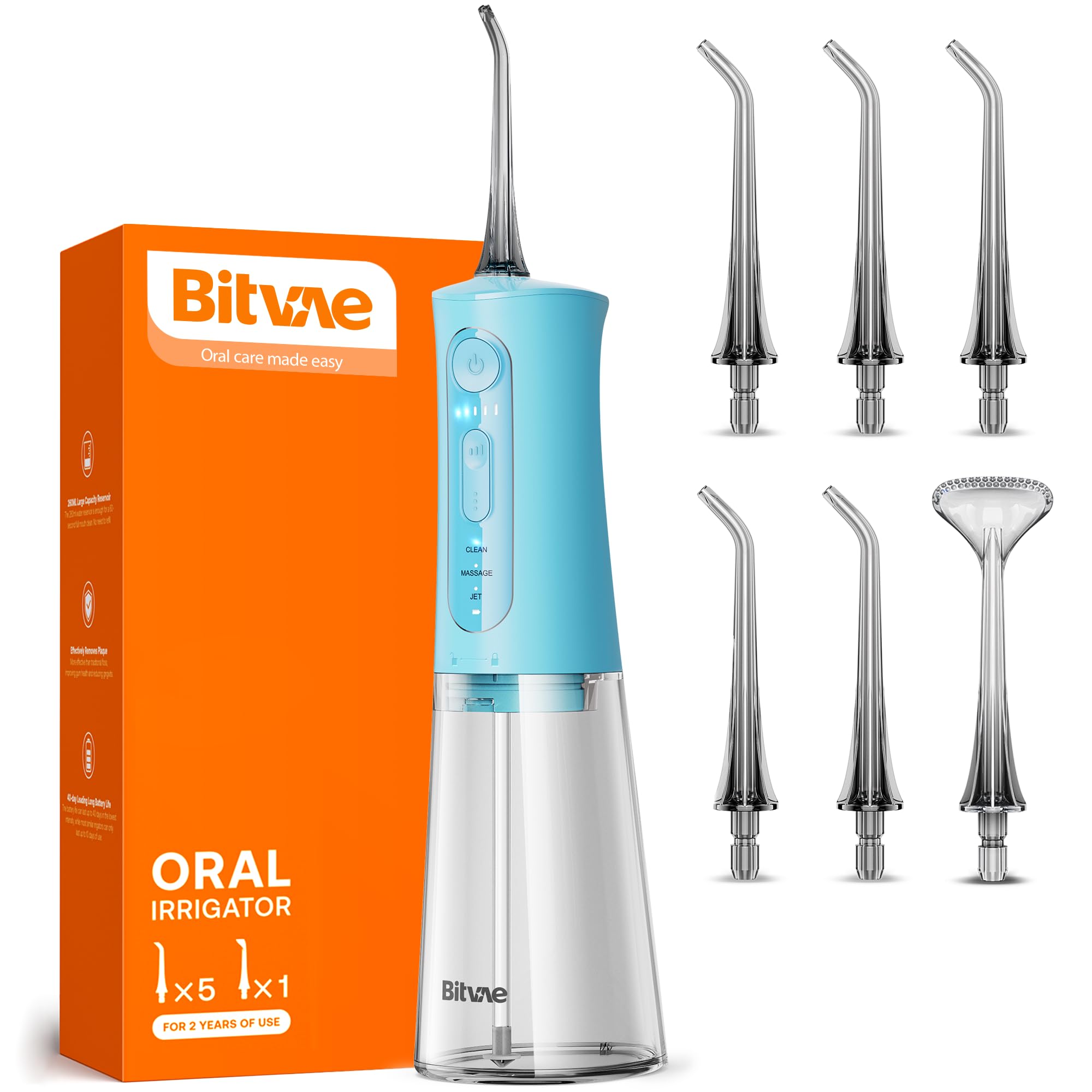 Bitvae vista frontal del irrigador inalámbrico mostrando diseño compacto y portabilidad