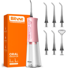 Bitvae imagen frontal del irrigador rosa cuarzo mostrando diseño portátil y elegante