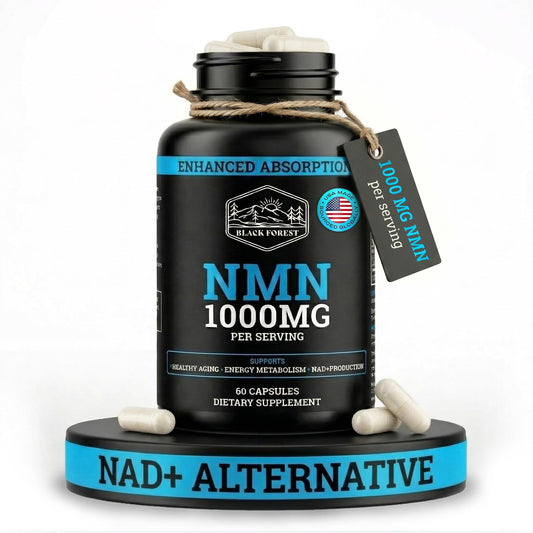 Black Forest frasco frontal mostrando NMN 1000 mg y envase sellado como protección