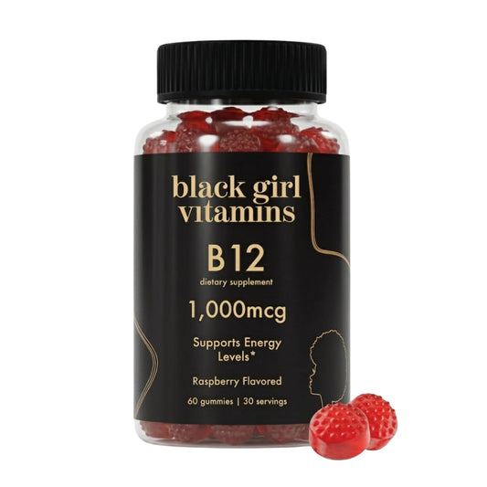 Black Girl Vitamins envase frontal mostrando 60 gomitas y beneficio de energía