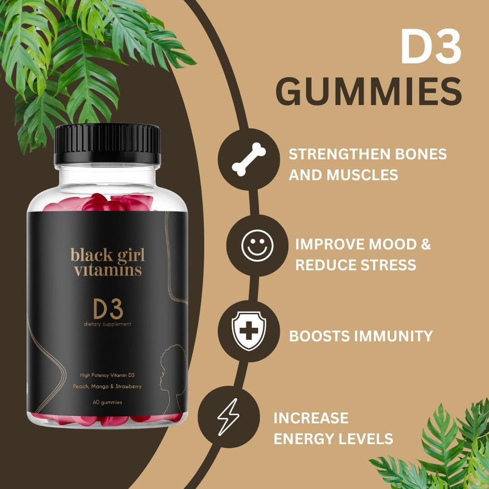 Black Girl Vitamins botella de vitamina D3 con tapa visible para almacenamiento seguro