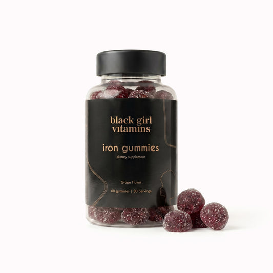 Black Girl Vitamins envase frontal de gomitas de hierro mostrando el diseño y beneficio