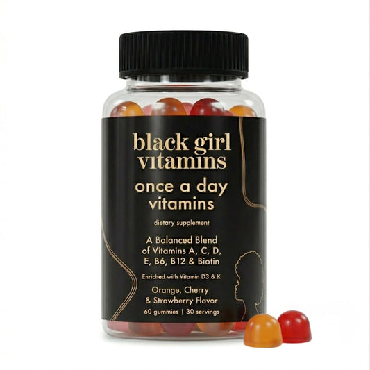 Black Girl Vitamins frasco frontal mostrando gomitas y conveniencia