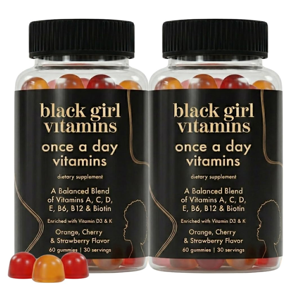 Black Girl Vitamins envase frontal con diseño y beneficio de conveniencia