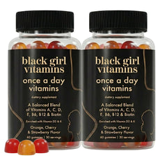 Black Girl Vitamins envase frontal con diseño y beneficio de conveniencia