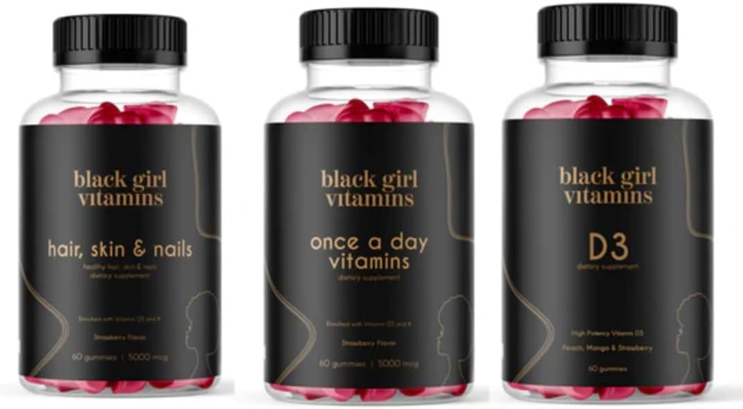 Black Girl Vitamins frontal del paquete mostrando las tres botellas y beneficios