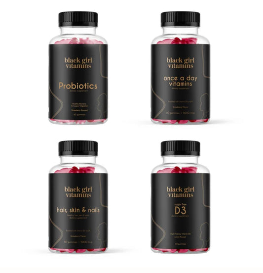 Black Girl Vitamins vista frontal del paquete que destaca conveniencia