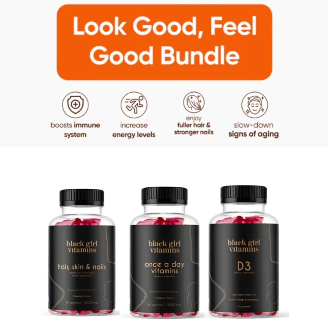 Black Girl Vitamins primer plano de gomitas resaltando textura y facilidad de tomar