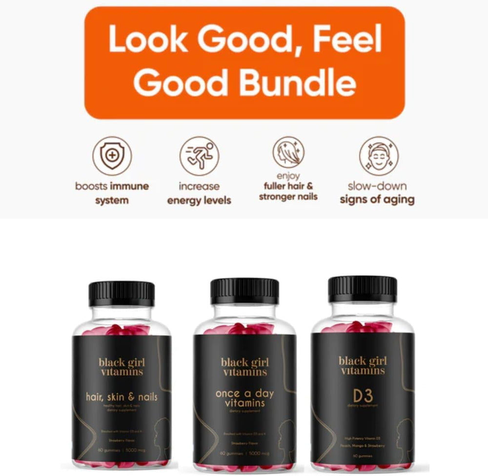 Black Girl Vitamins primer plano de gomitas resaltando textura y facilidad de tomar