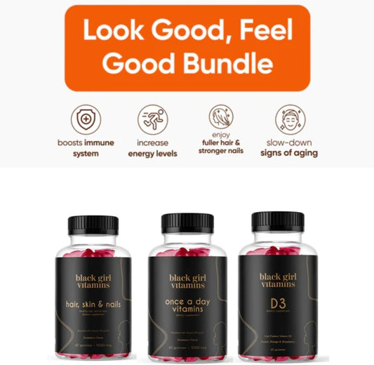 Black Girl Vitamins primer plano de gomitas resaltando textura y facilidad de tomar