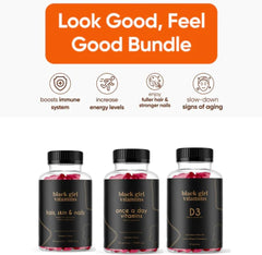 Black Girl Vitamins primer plano de gomitas resaltando textura y facilidad de tomar