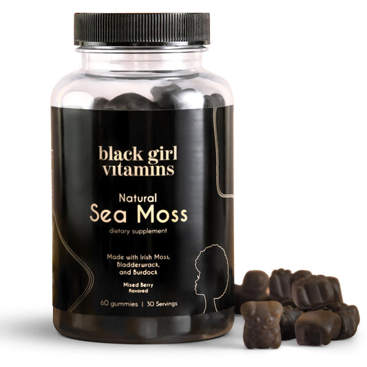 Black Girl Vitamins frasco frontal mostrando gomitas veganas y beneficios