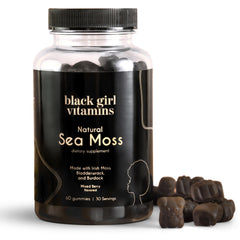 Black Girl Vitamins frasco frontal mostrando gomitas veganas y beneficios