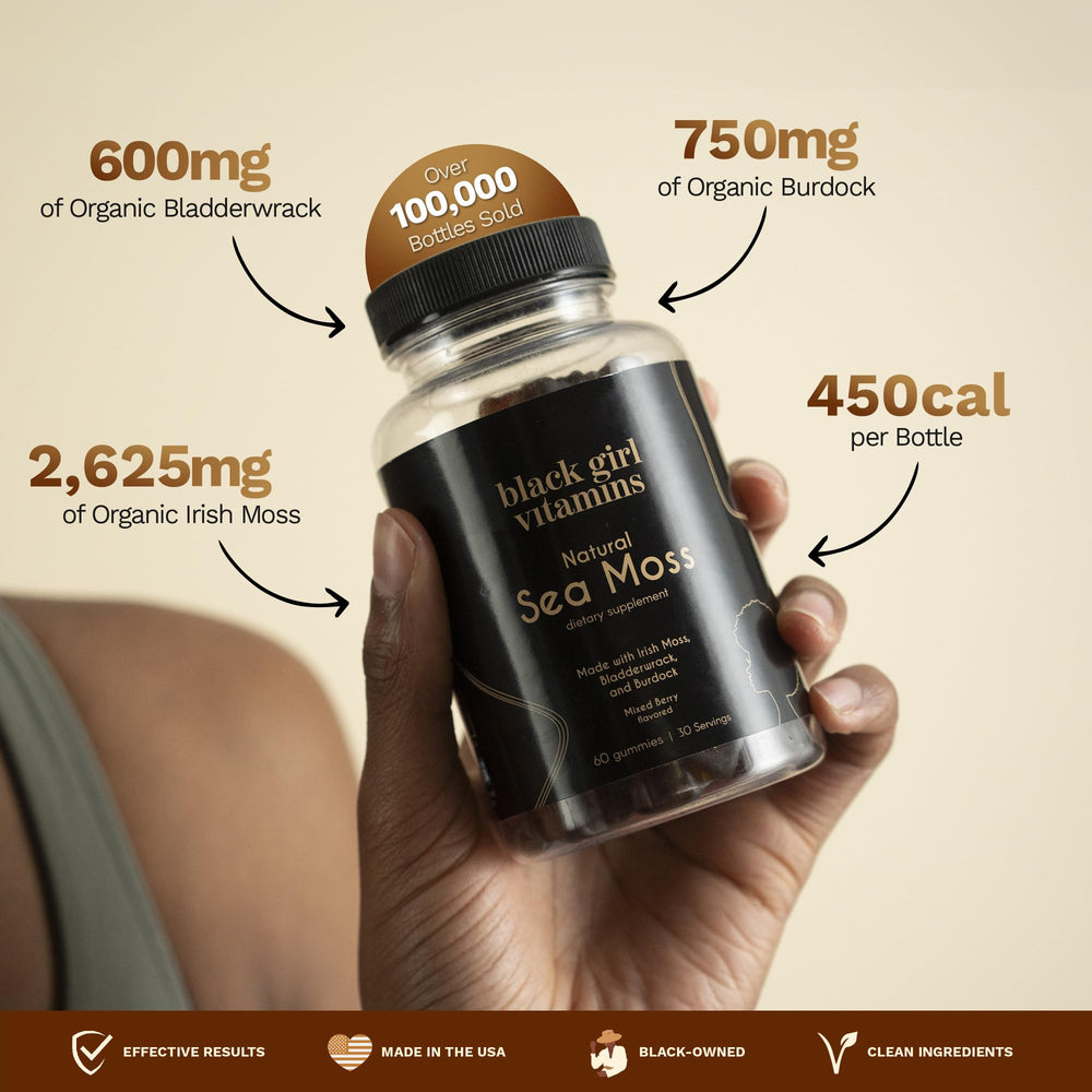 Black Girl Vitamins gomitas en mano ilustrando tamaño y porción conveniente