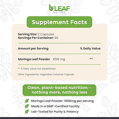 B'LEAF NATURE closeup de etiqueta nutricional que muestra ingredientes 100% moringa