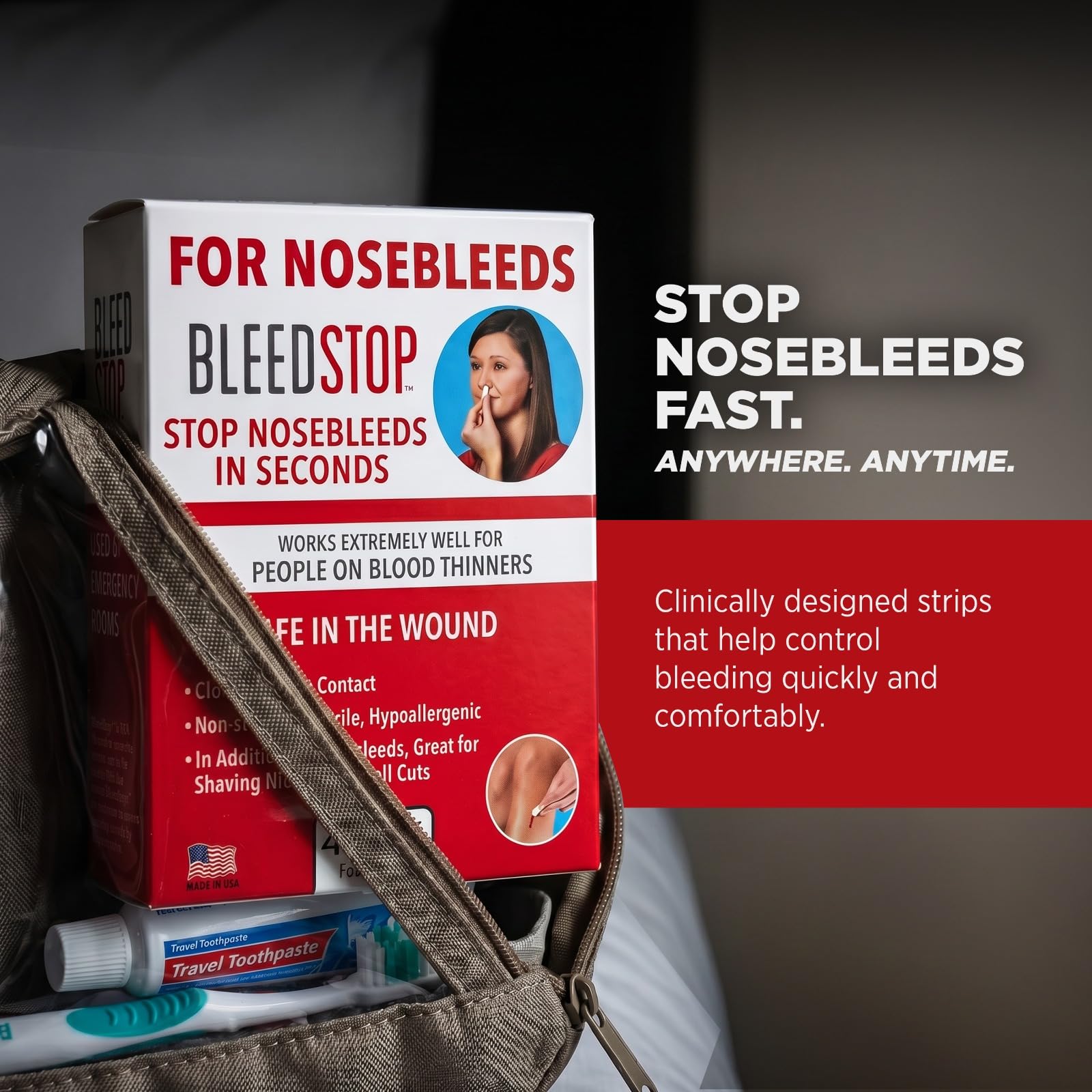 BleedStop en botiquín de viaje, solución de primeros auxilios compacta