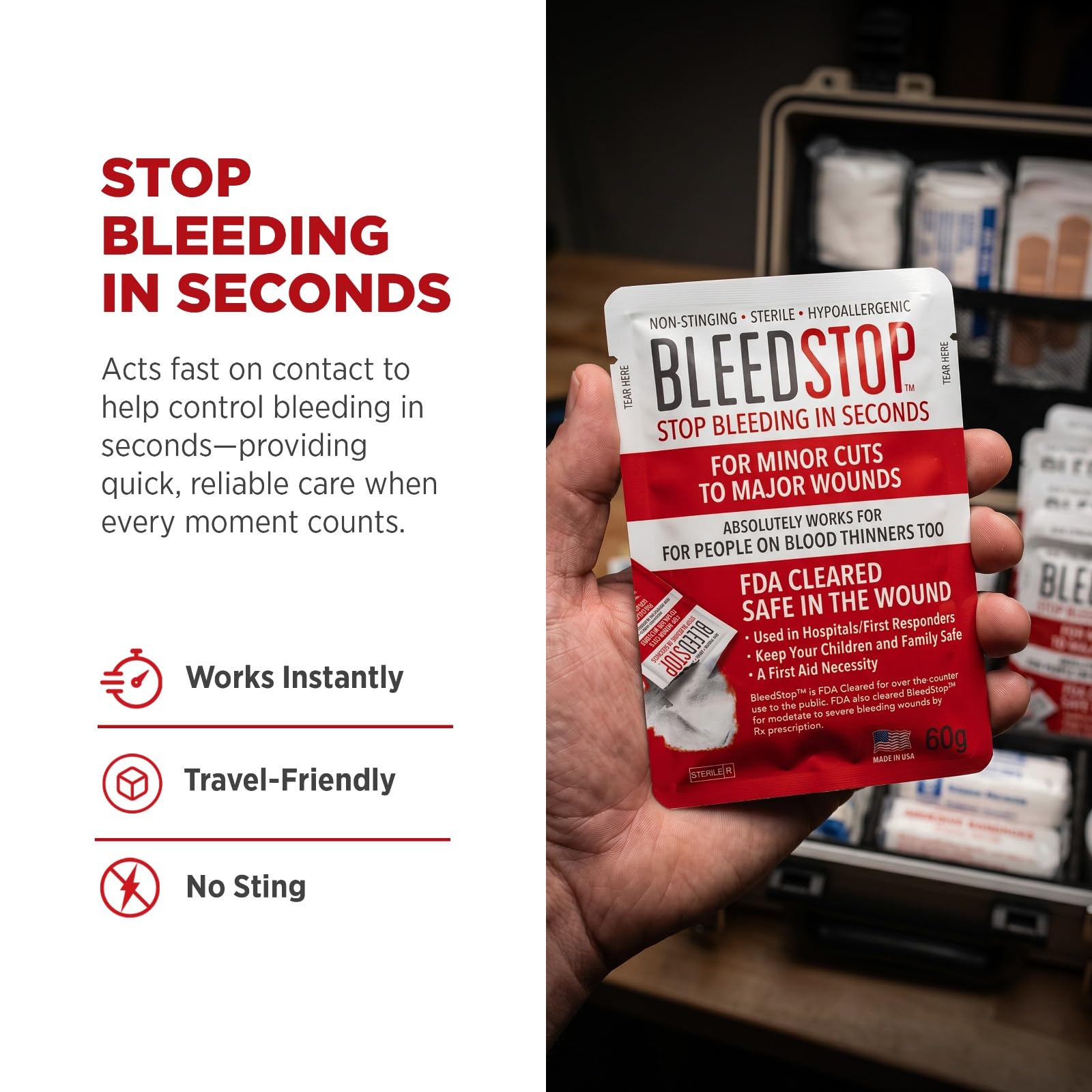 Comparación de tamaño BleedStop en mano, portátil y práctico para botiquín