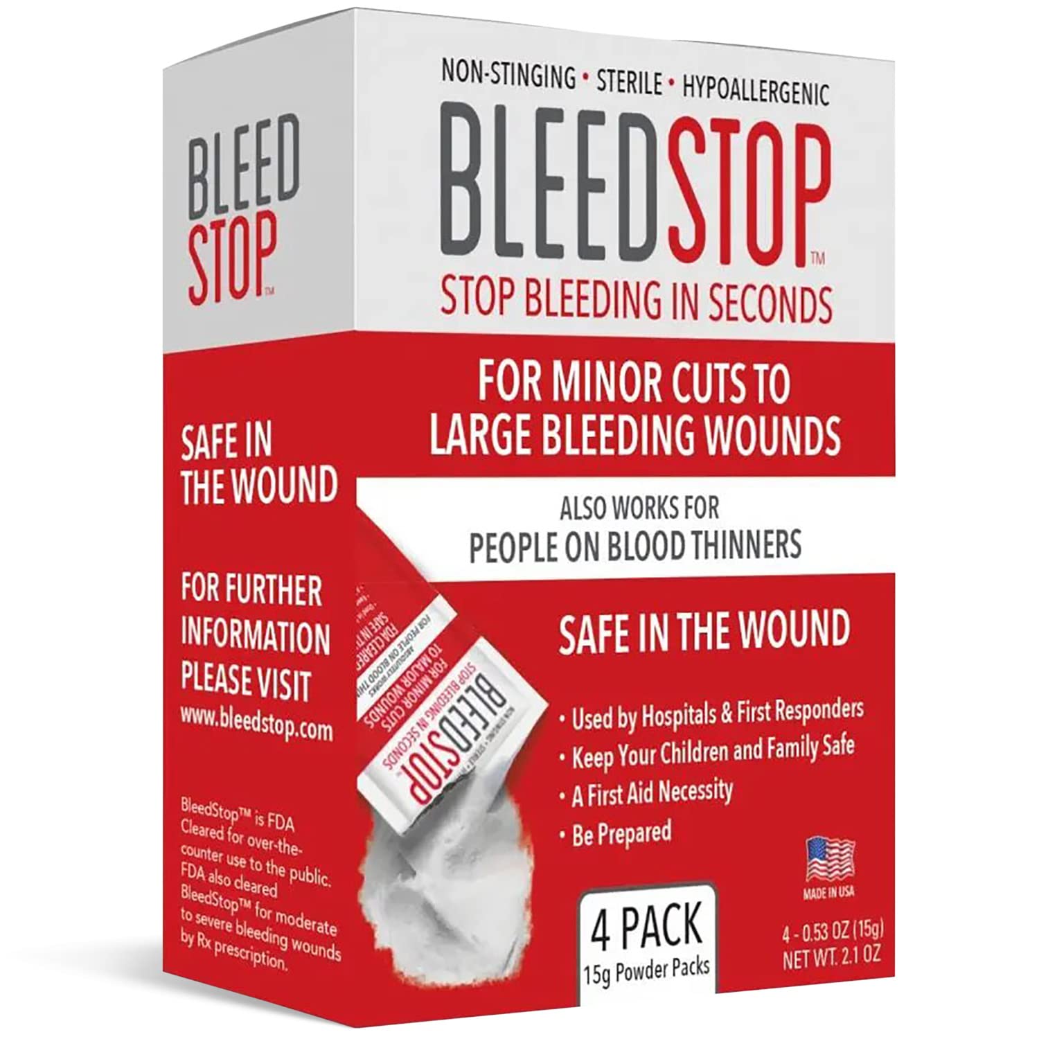 BleedStop frente del empaque mostrando sobres y nombre, solución rápida