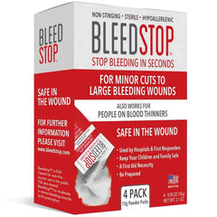 BleedStop frente del empaque mostrando sobres y nombre, solución rápida