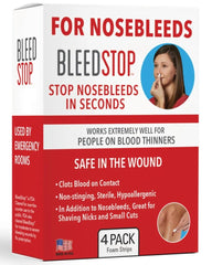 BleedStop empaque frontal mostrando tirillas nasales, control rápido del sangrado