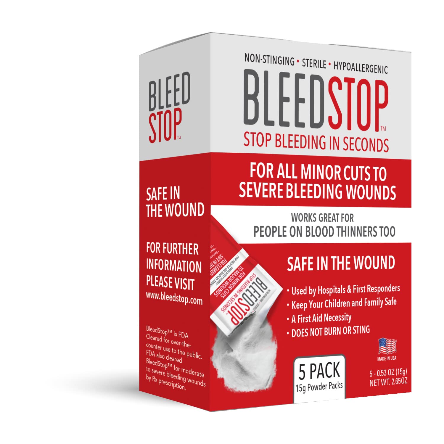 BleedStop frontal del paquete mostrando formato de 5 unidades y facilidad de transporte