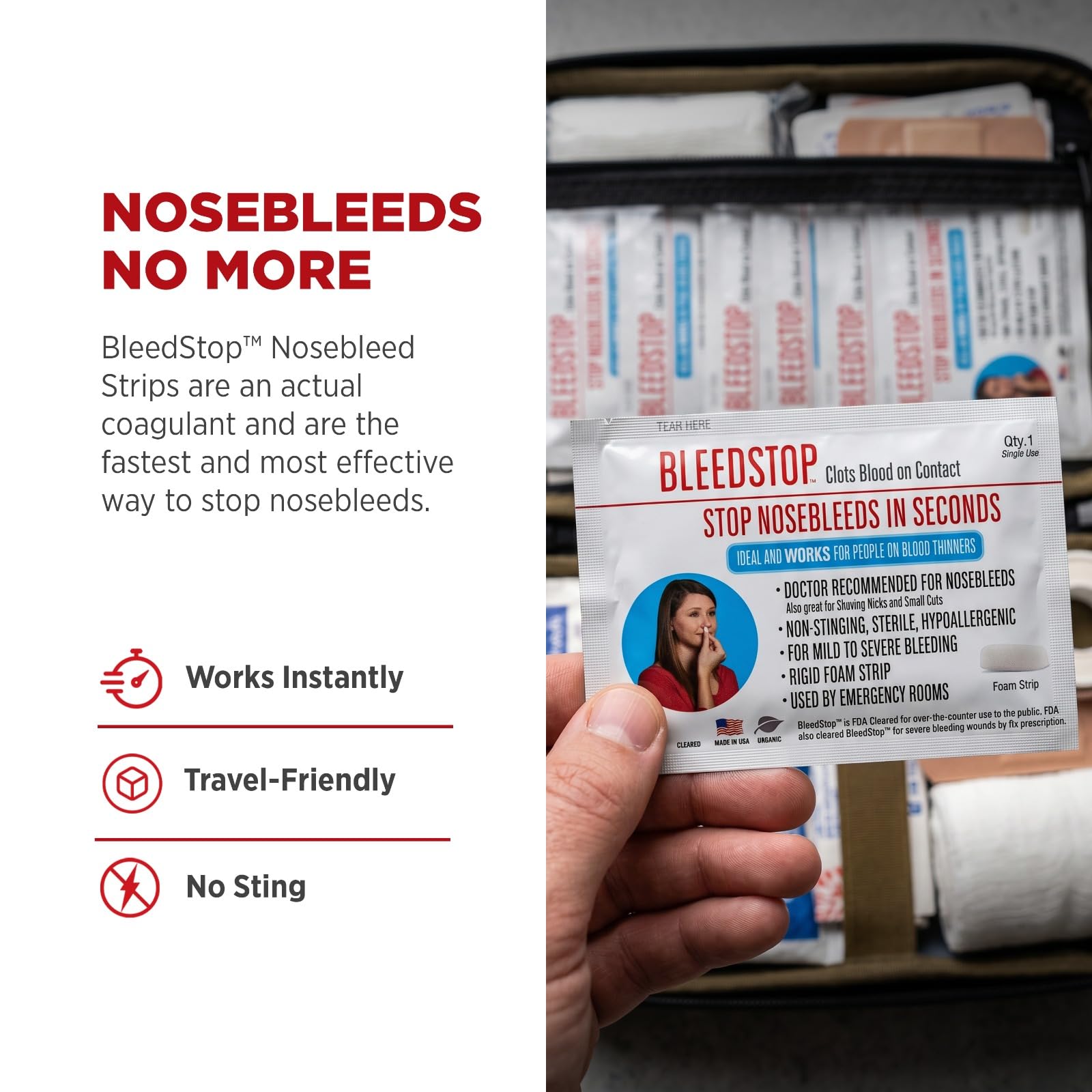 BleedStop en uso en nariz, aplicación sencilla y sin ardor